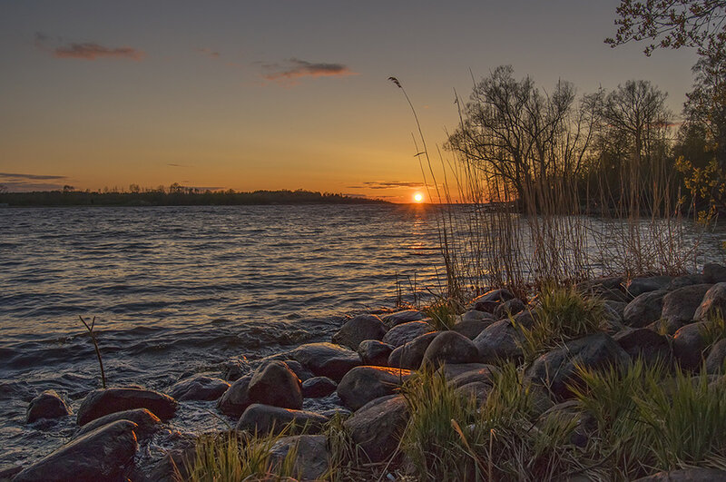 Sunset over Lake — Orange, Serene, Photograph, Rocks