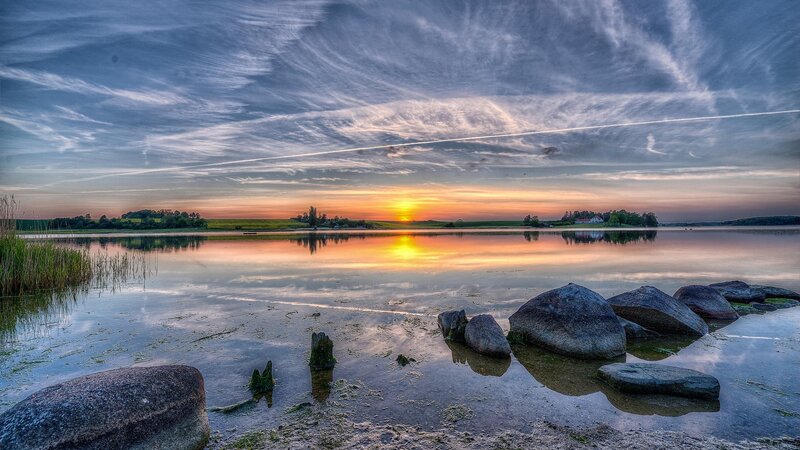 Sunset over Lake — Orange, Serene, Photograph, Rocks, Trees, Sky