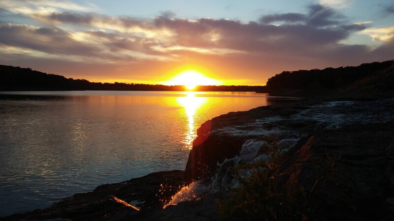 Sunset over Lake — Orange, Serene, Photograph, Rocks, Trees
