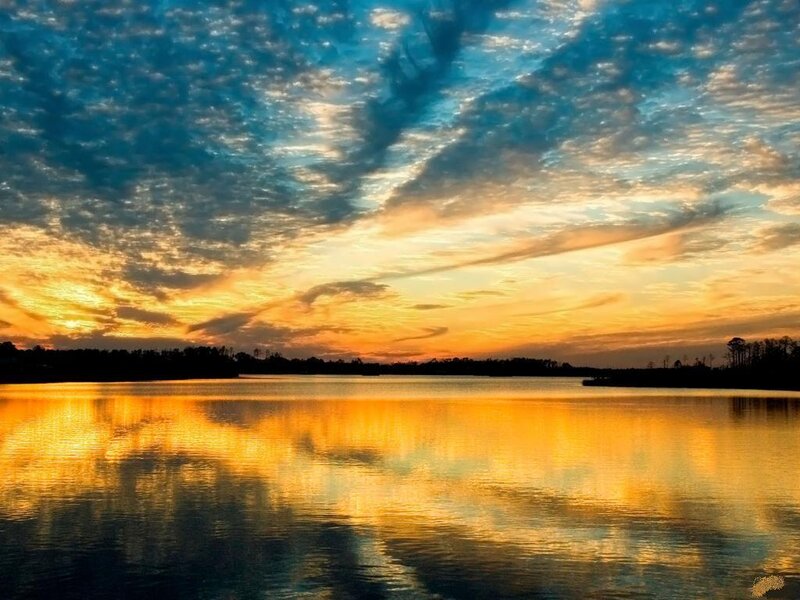 Sunset over Lake — Orange, Serene, Photograph, Sky, Clouds