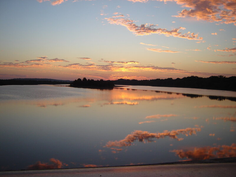 Sunset over Lake — Orange, Serene, Photograph, Sky, Clouds, Trees