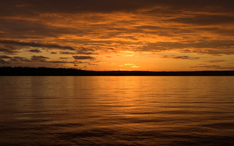 Sunset over Lake — Orange, Serene, Photograph, Sky, Clouds, Water, Trees