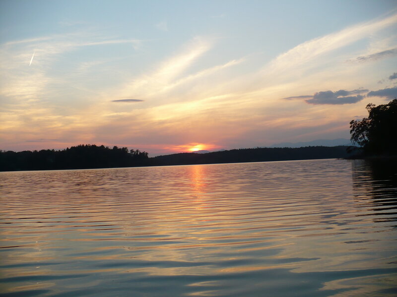 Sunset over Lake — Orange, Serene, Photograph, Sky, Trees, Mountains