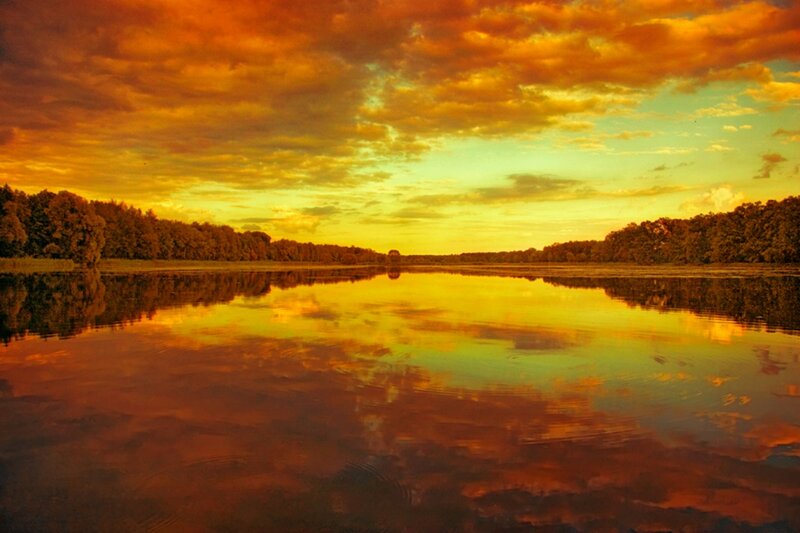 Sunset over Lake — Orange, Serene, Photograph, Sky, Trees, Reflection