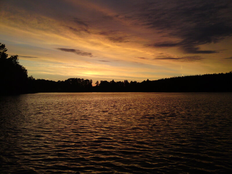 Sunset over Lake — Orange, Serene, Photograph, Sky, Trees