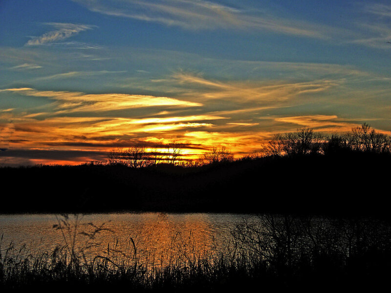 Sunset over Lake — Orange, Serene, Photograph, Sky, Trees, Water, Blue