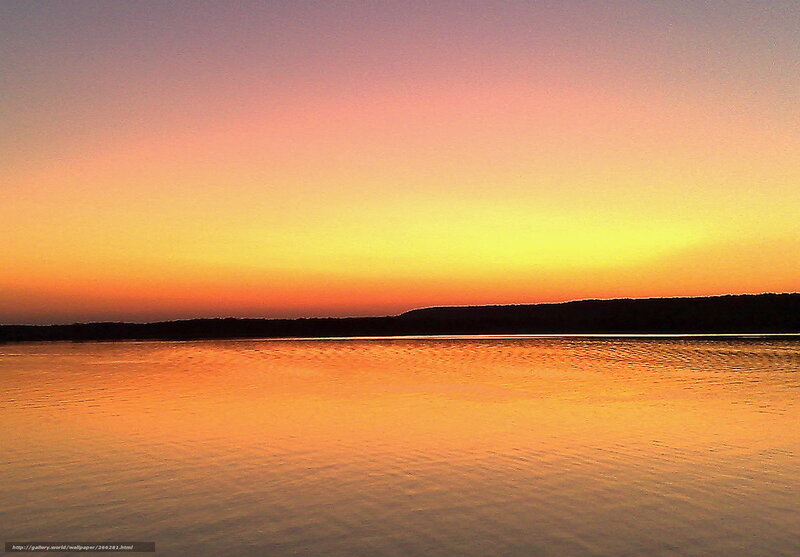 Sunset over Lake — Orange, Serene, Photograph, Sky, Water, Land