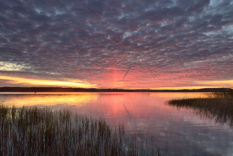 Sunset over Lake — Orange, Serene, Photograph, Sky, Water, Reeds