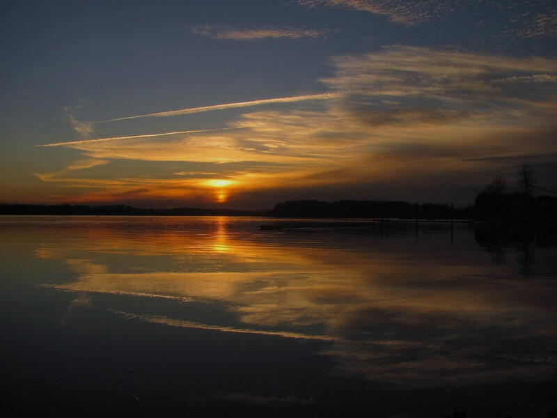 Sunset over Lake — Orange, Serene, Photograph, Sun, Clouds
