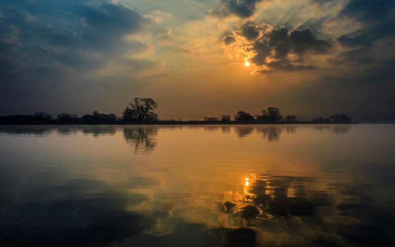 Sunset over Lake — Orange, Serene, Photograph, Sun, Clouds, Trees, Reflection
