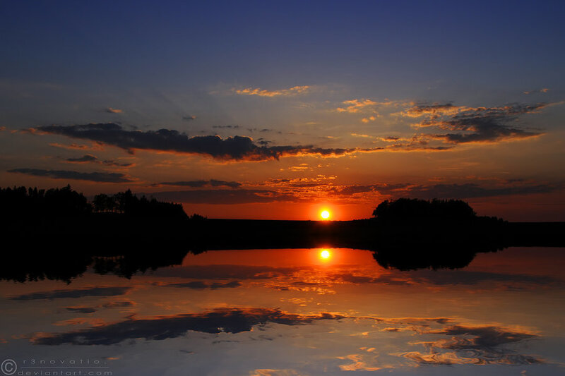 Sunset over Lake — Orange, Serene, Photograph, Sun, Clouds, Trees