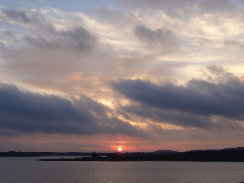 Sunset over Lake — Orange, Serene, Photograph, Sun, Clouds, Water, Land