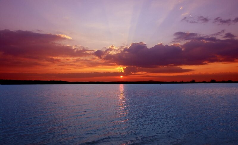Sunset over Lake — Orange, Serene, Photograph, Sun, Clouds, Water