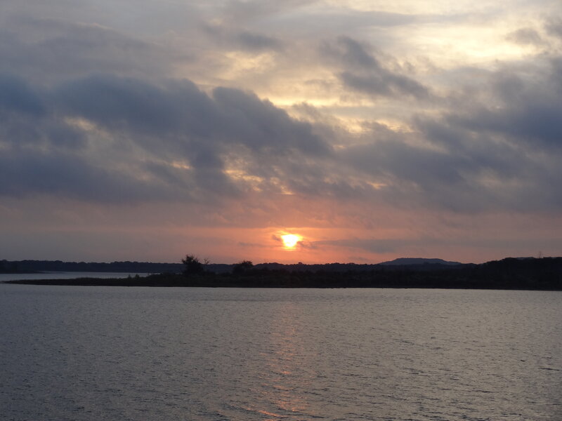 Sunset over Lake — Orange, Serene, Photograph, Sun, Clouds, Water, Trees