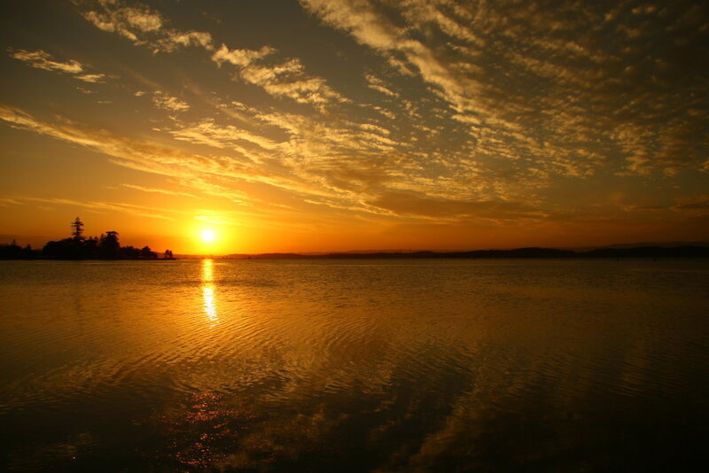 Sunset over Lake — Orange, Serene, Photograph, Sun, Clouds, Water, Yellow