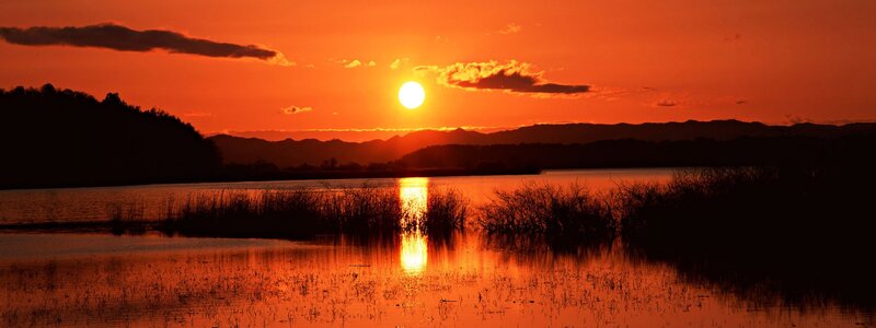 Sunset over Lake — Orange, Serene, Photograph, Sun, Mountains, Reeds