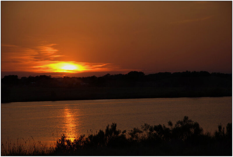 Sunset over Lake — Orange, Serene, Photograph, Sun, Sky