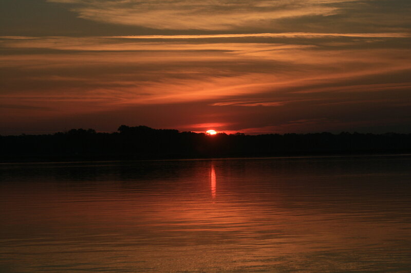 Sunset over Lake — Orange, Serene, Photograph, Sun, Sky, Trees