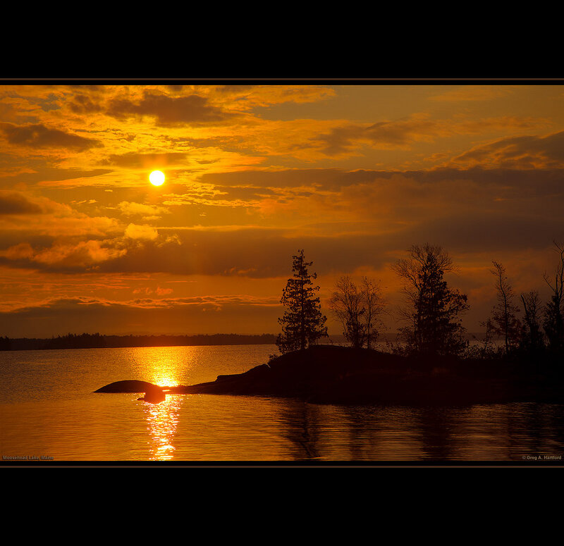 Sunset over Lake — Orange, Serene, Photograph, Sun, Trees, Island