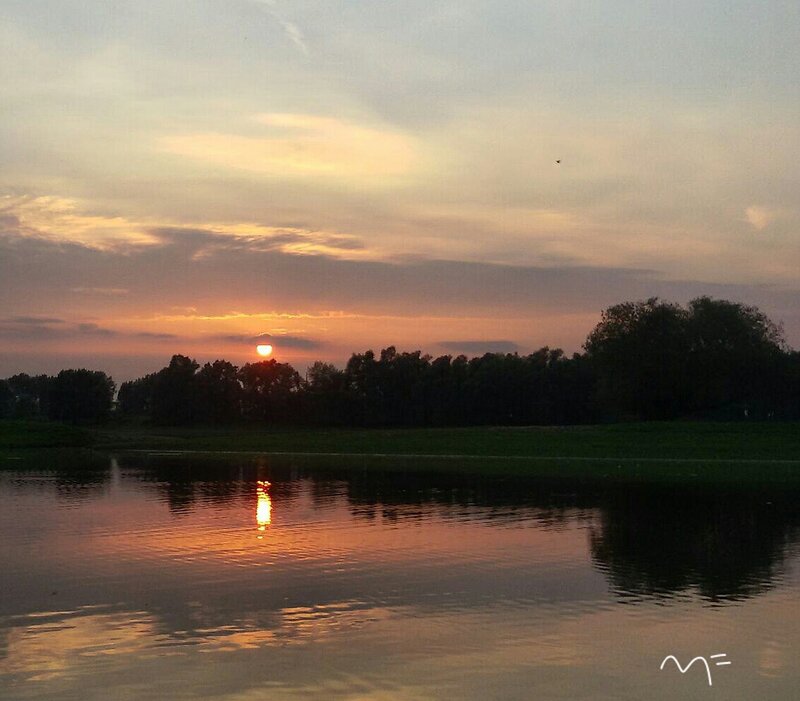 Sunset over Lake — Orange, Serene, Photograph, Sun, Trees, Sky