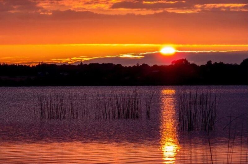 Sunset over Lake — Orange, Serene, Photograph, Sun, Water, Reeds, Trees