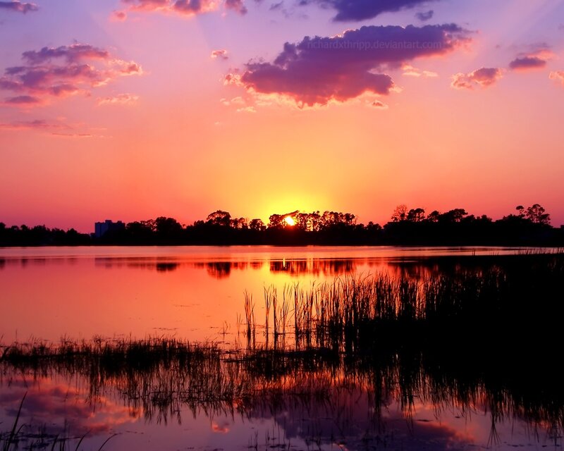 Sunset over Lake — Orange, Serene, Photograph