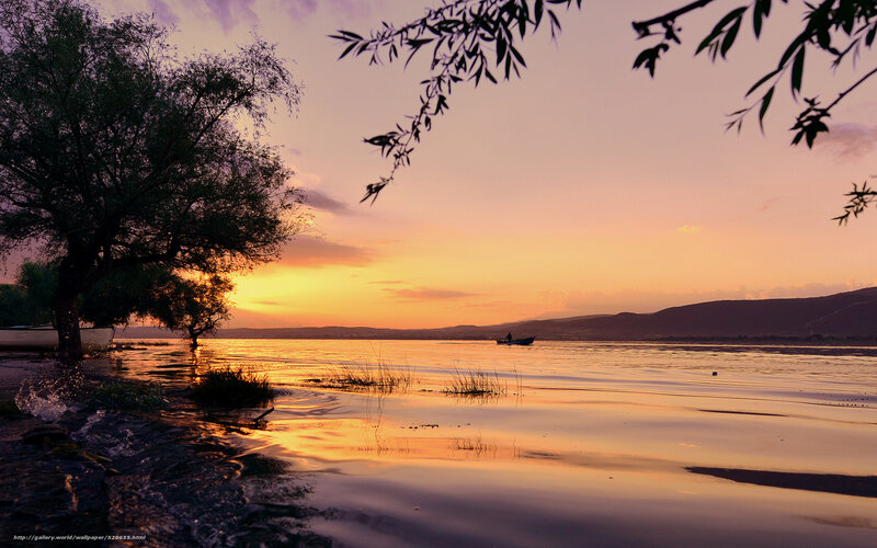 Sunset over Lake — Orange, Serene, Photograph, Tree, Boat, Mountain