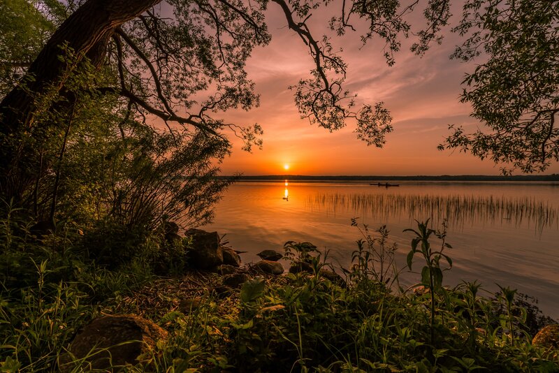 Sunset over Lake — Orange, Serene, Photograph, Tree, Boat