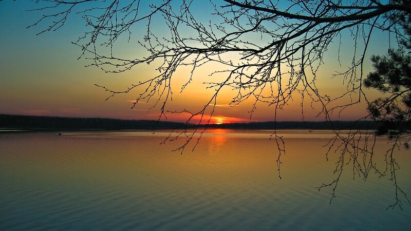 Sunset over Lake — Orange, Serene, Photograph, Tree Branches, Sky, Water