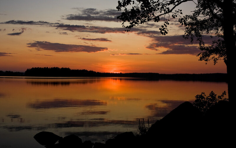 Sunset over Lake — Orange, Serene, Photograph, Tree, Clouds