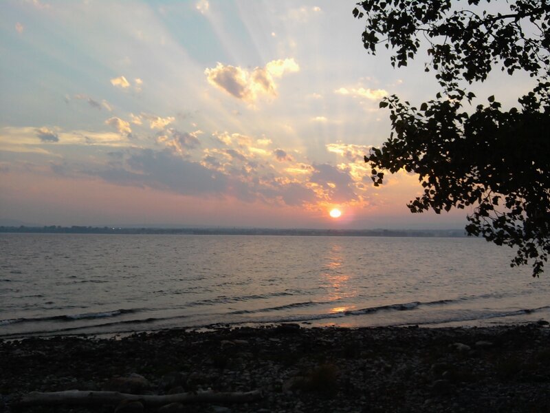 Sunset over Lake — Orange, Serene, Photograph, Tree, Clouds, Water