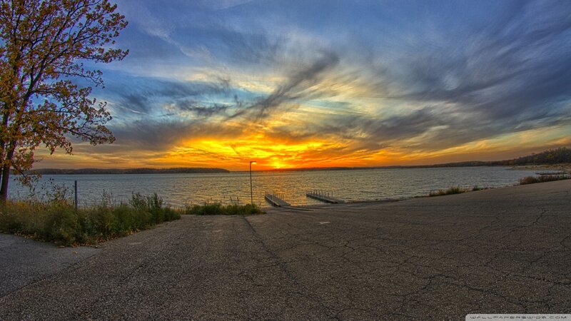 Sunset over Lake — Orange, Serene, Photograph, Tree, Dock