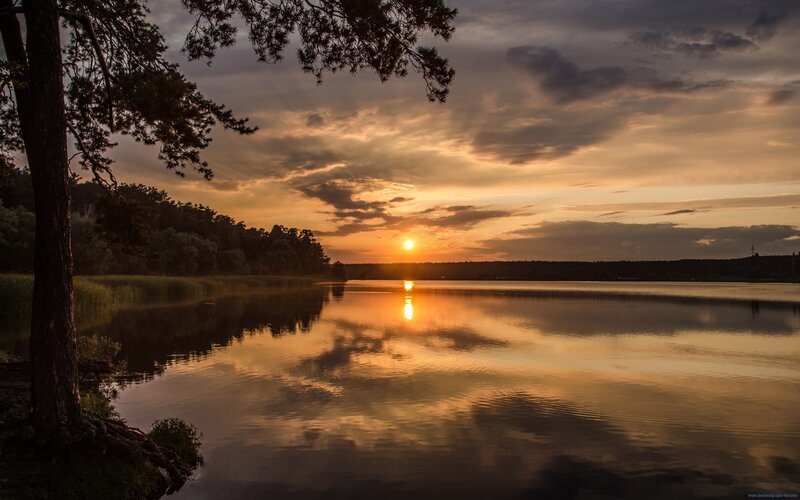 Sunset over Lake — Orange, Serene, Photograph, Tree, Sky, Clouds