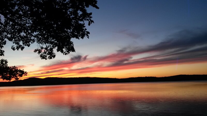 Sunset over Lake — Orange, Serene, Photograph, Tree, Sky, Water
