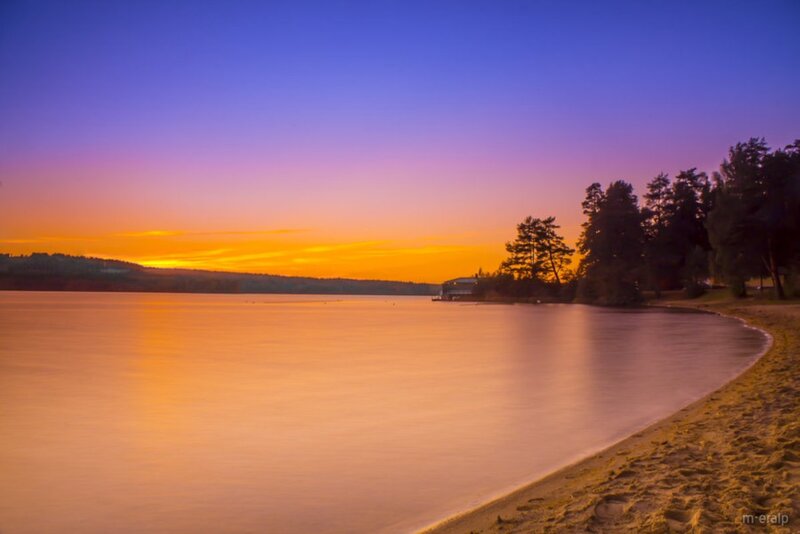 Sunset over Lake — Orange, Serene, Photograph, Trees, Beach