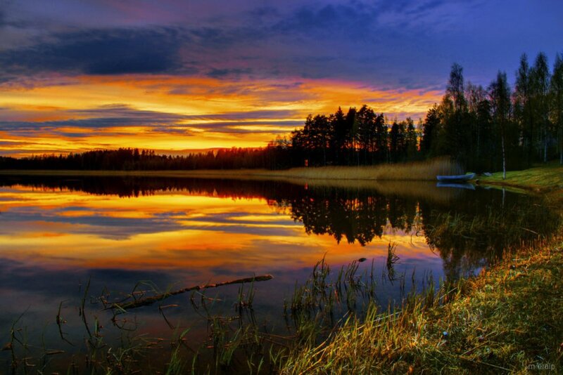 Sunset over Lake — Orange, Serene, Photograph, Trees, Boat, Reeds