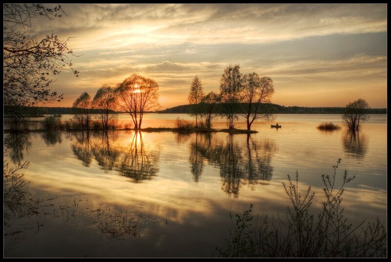 Sunset over Lake — Orange, Serene, Photograph, Trees, Boat