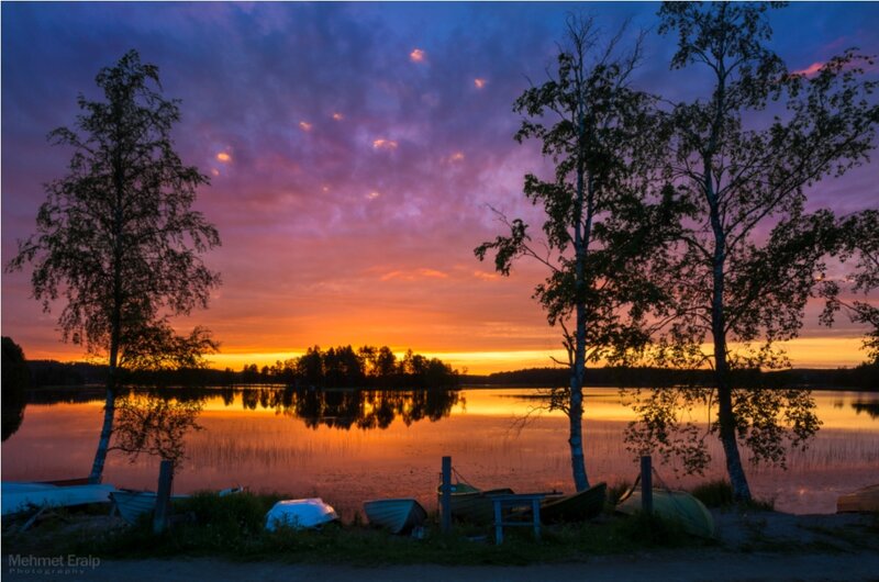 Sunset over Lake — Orange, Serene, Photograph, Trees, Boats, Sky