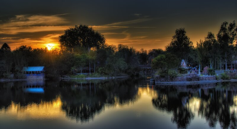 Sunset over Lake — Orange, Serene, Photograph, Trees, Building