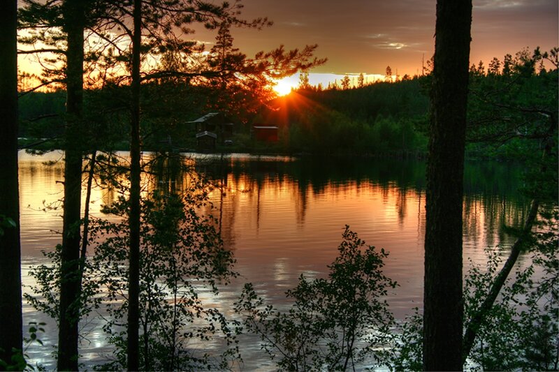 Sunset over Lake — Orange, Serene, Photograph, Trees, Cabin