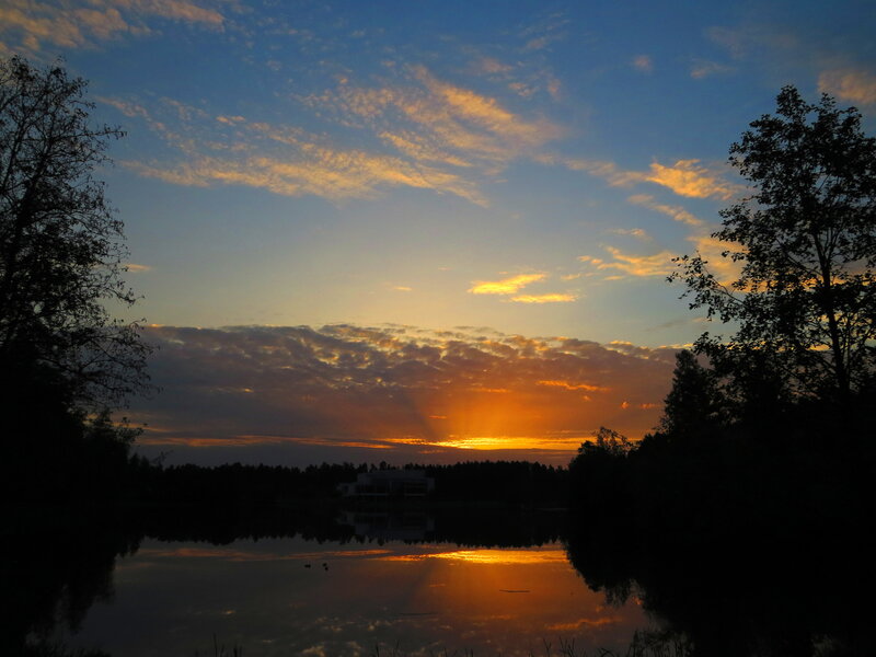 Sunset over Lake — Orange, Serene, Photograph, Trees, Clouds, Building