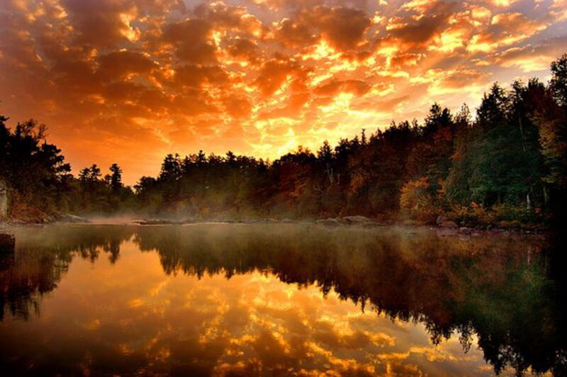 Sunset over Lake — Orange, Serene, Photograph, Trees, Clouds, Mist