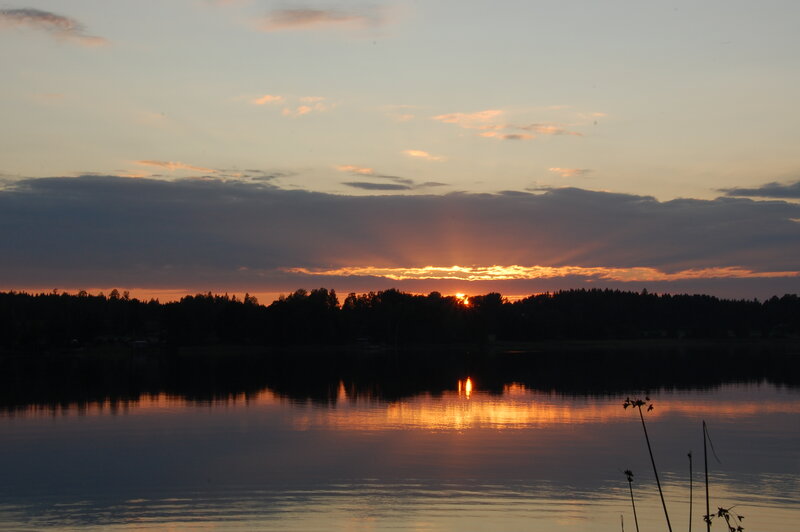 Sunset over Lake — Orange, Serene, Photograph, Trees, Clouds, Reflection