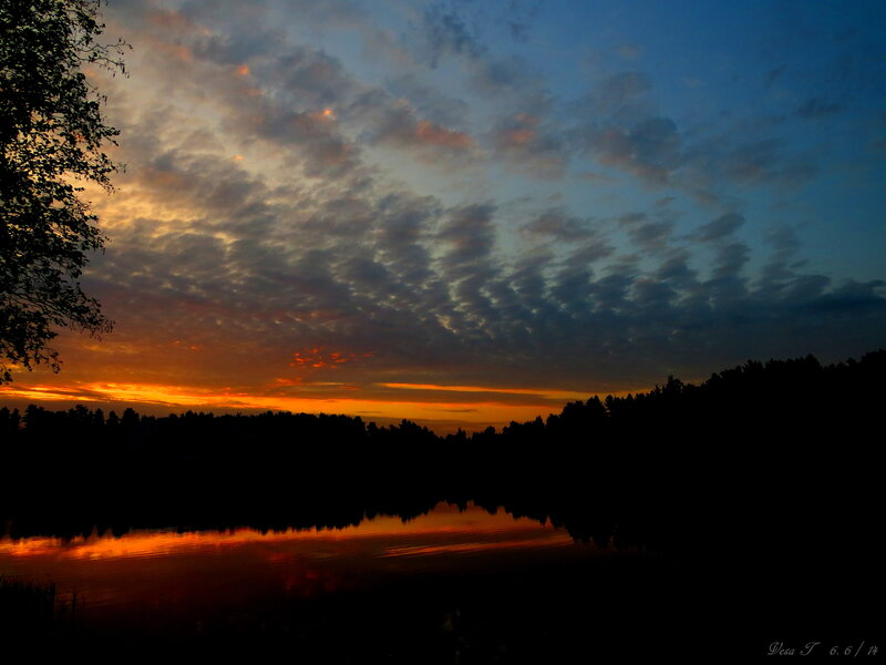 Sunset over Lake — Orange, Serene, Photograph, Trees, Clouds, Sky