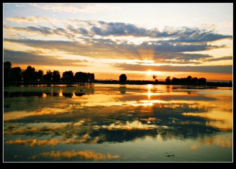 Sunset over Lake — Orange, Serene, Photograph, Trees, Clouds, Sun
