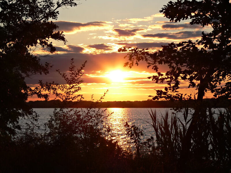Sunset over Lake — Orange, Serene, Photograph, Trees, Clouds, Water