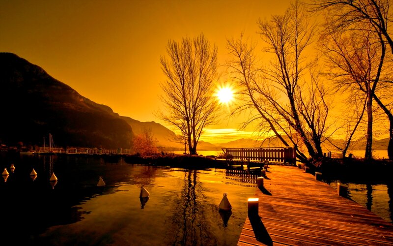 Sunset over Lake — Orange, Serene, Photograph, Trees, Dock, Mountain