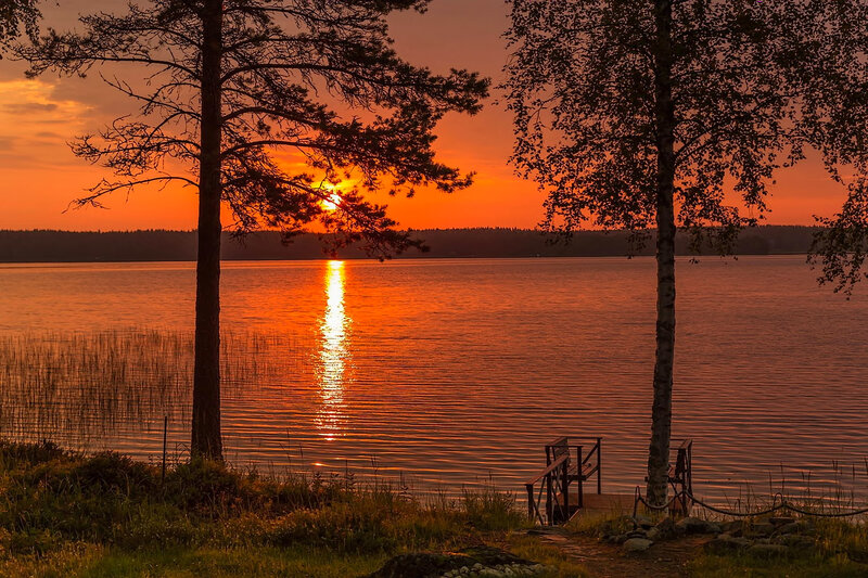 Sunset over Lake — Orange, Serene, Photograph, Trees, Dock, Sun