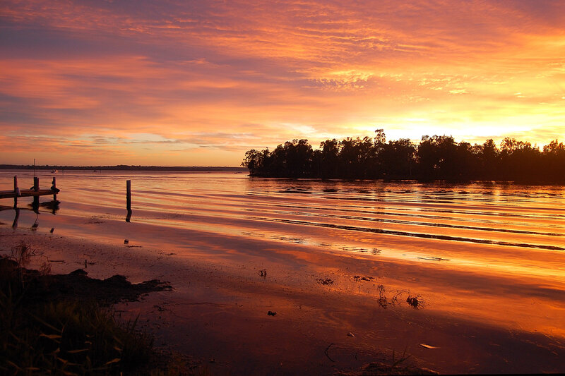 Sunset over Lake — Orange, Serene, Photograph, Trees, Dock