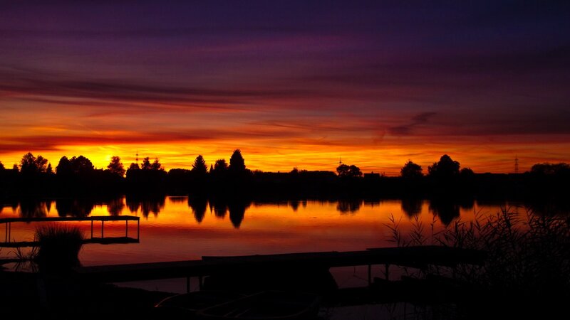 Sunset over Lake — Orange, Serene, Photograph, Trees, Docks